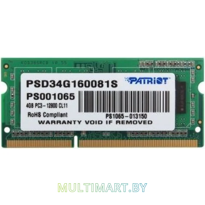 Оперативная память Patriot Signature Line 4GB DDR3 SODIMM PC3-12800 PSD34G160081S